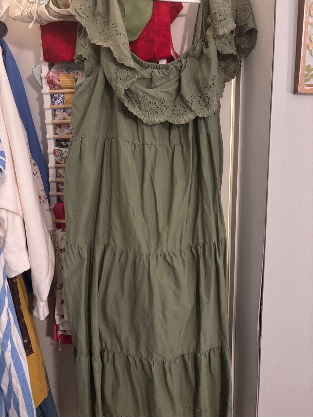 Women’s Off Shoulder Olive Green Eyelet Ruffle Maxi Dress